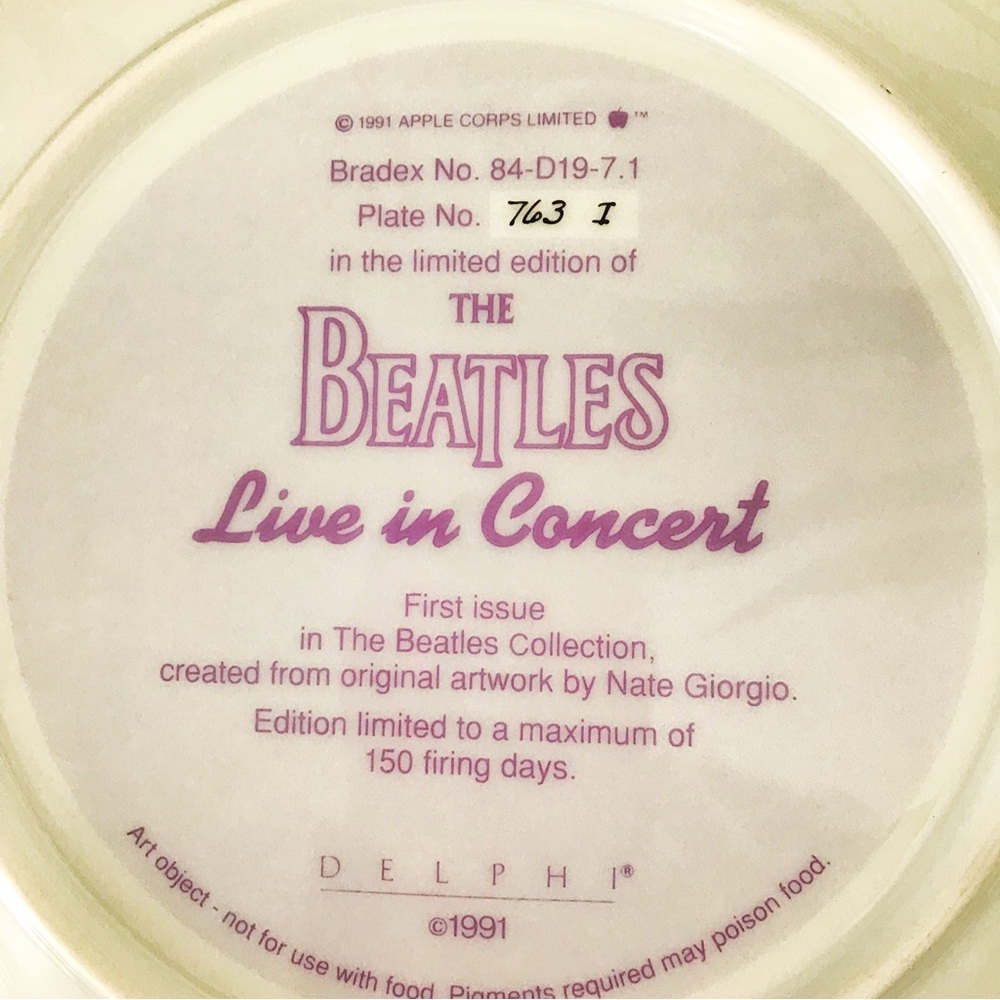 The Beatles ‘Live In Concert’ Collectible Plate, Delphi 1991, Nate Georgio - Picture 6 of 8